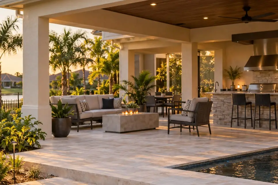 Finished covered patio with an outdoor kitchen, fire table, and travertine pool deck at sunset