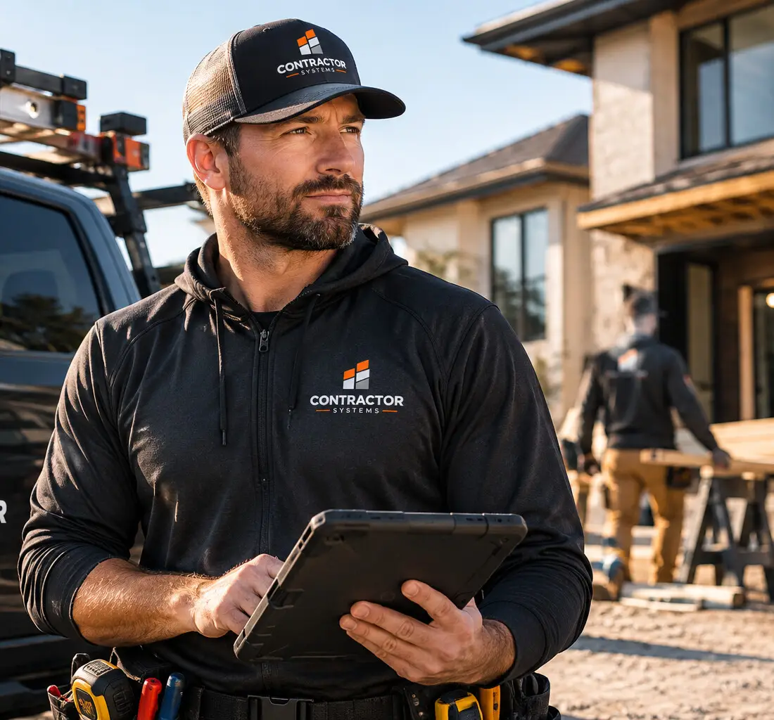 Contractor in Contractor Systems gear checking a tablet beside his truck on a jobsite